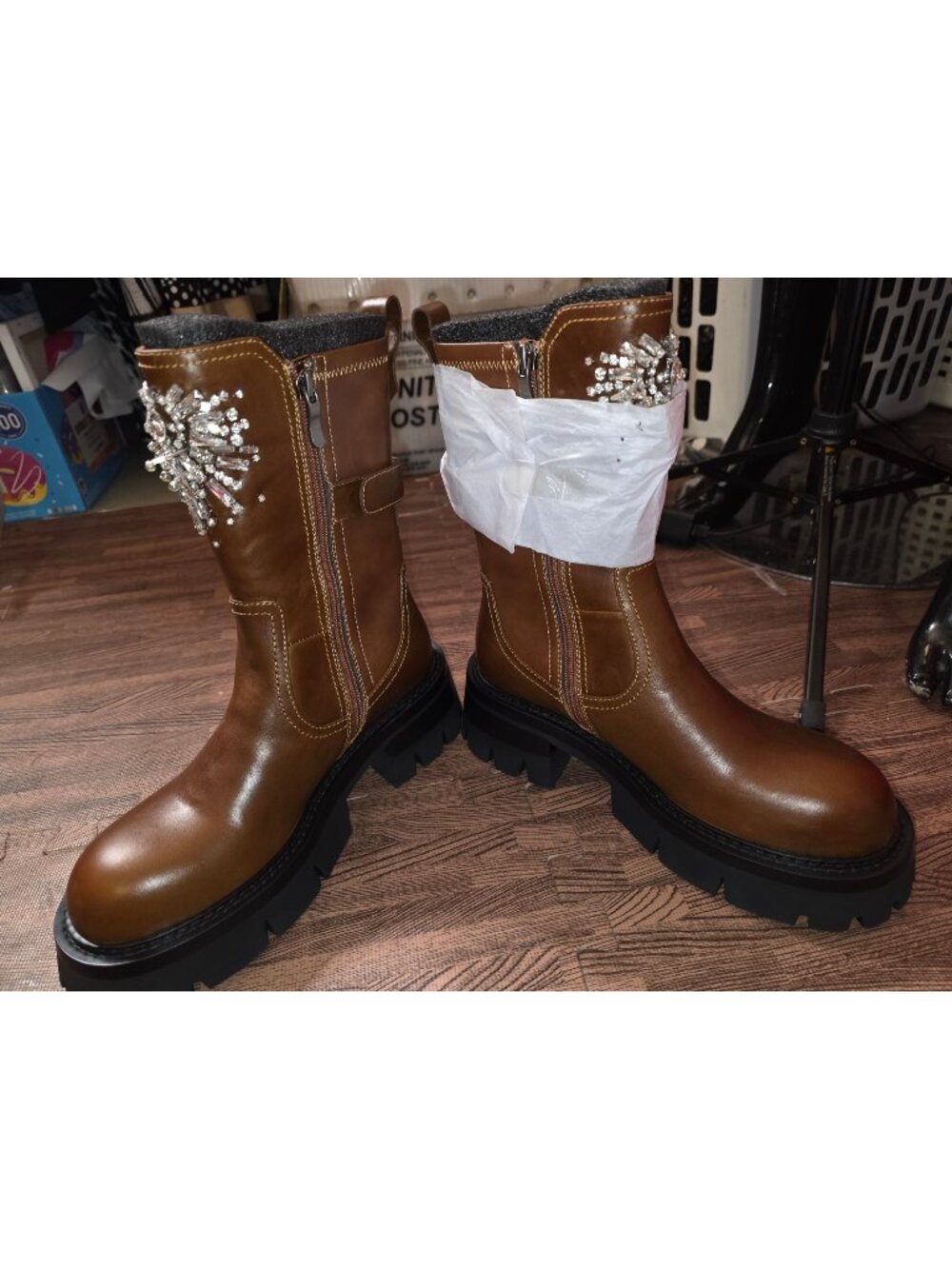 Free People Nan-Ku Couture Glasgow Embellished Boots Brown Leather Mid-Calf Boot